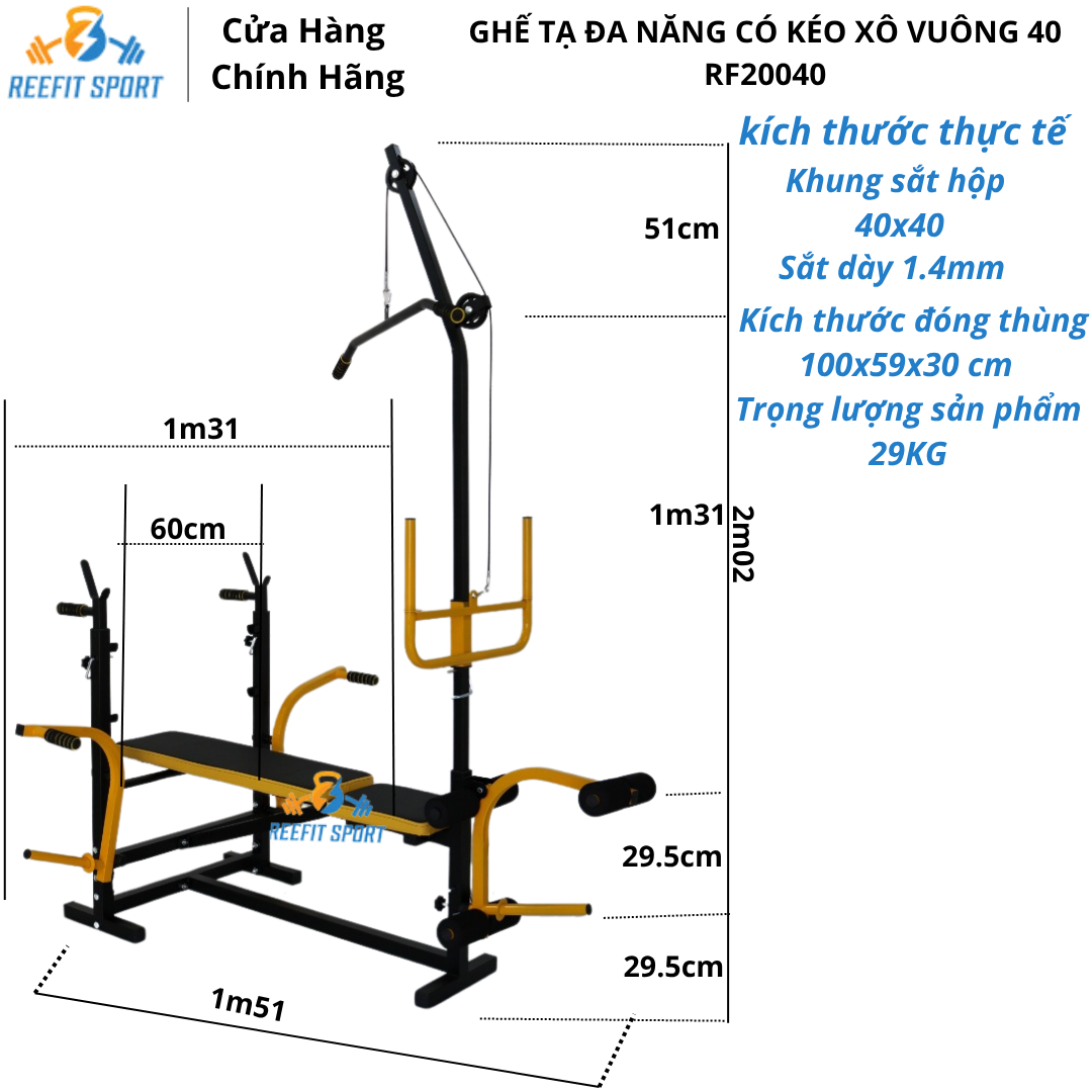Ghế Tập Tạ Đa Năng Có Kéo Xô RF 20040 - Tập Gym Thể Hình Tập Ngực, Vai, Tay, Chân Bụng ( Chưa Có Đòn+Tạ )