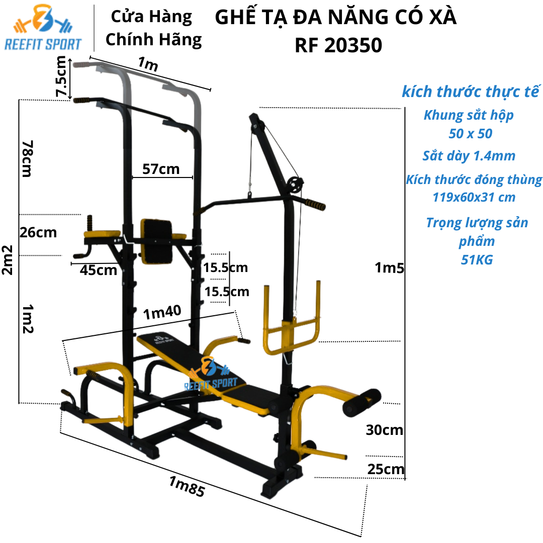 Giàn Tạ Đa Năng RF - 20350 Có Xà Đơn, Kéo Xô, Ghế Tập Tạ