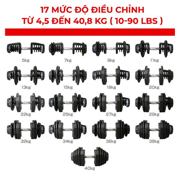 Các mức điều chỉnh của Bộ tạ tay điều chỉnh Reefit 40kg